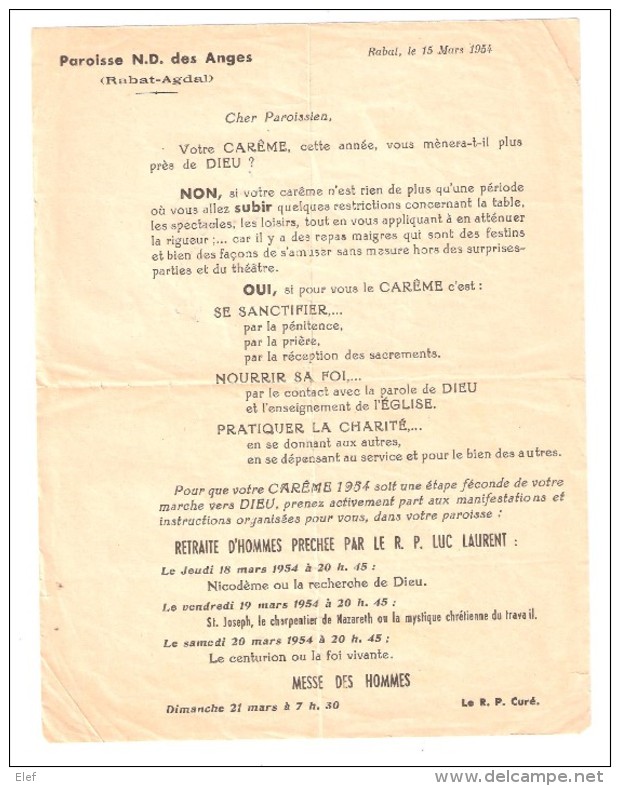 Avis De La Paroisse N.D. Des Anges Rabat Agdal, Maroc : CAREME 1954 ; Messe Préchée Par Le Curé Luc Laurent - Collezioni