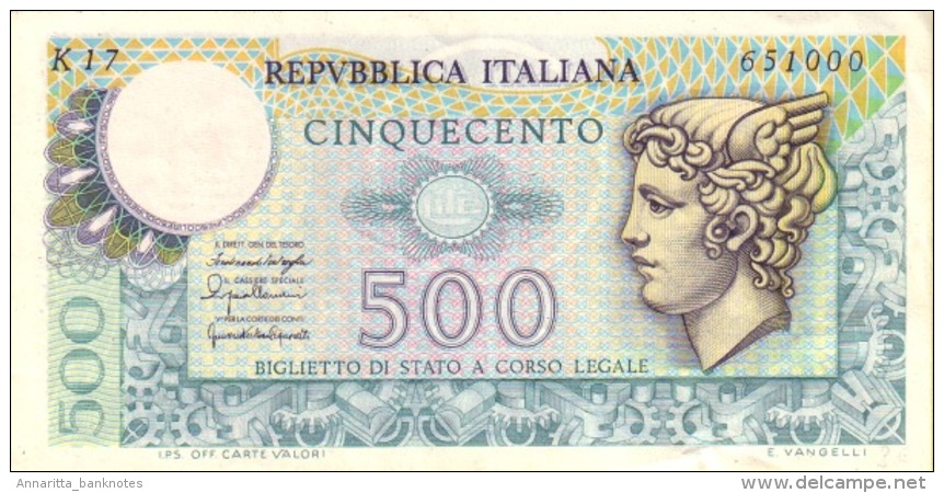 ITALY 500 LIRE 1976 P-95 UNC (REPUBBLICA ITALIANA) [ IT95 ] - 500 Liras