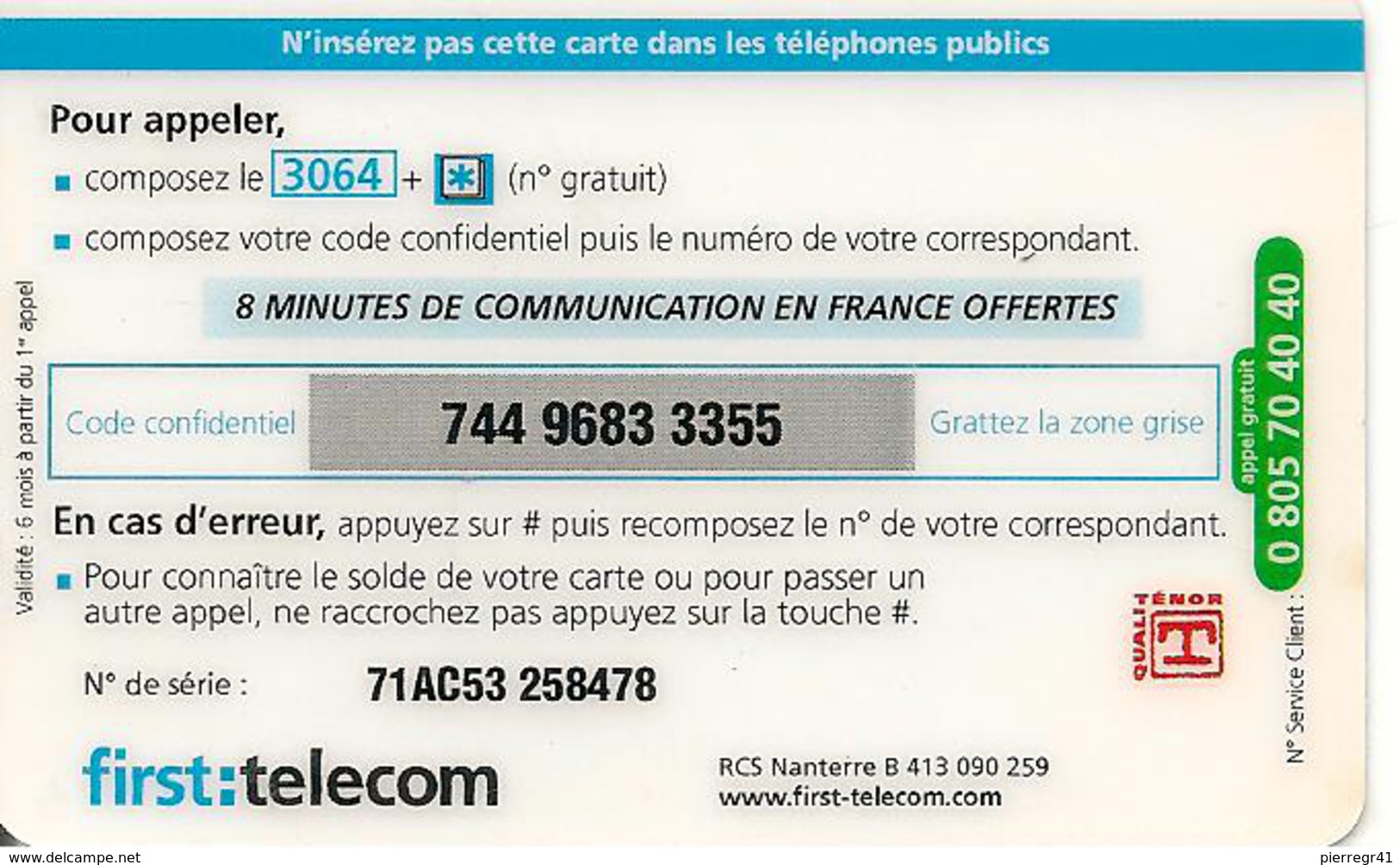 CARTE-PREPAYEE-FIRST TELECOM-CCE MANPOWER FRANCE-8Mn GRATUITES-TBE- - Otros & Sin Clasificación