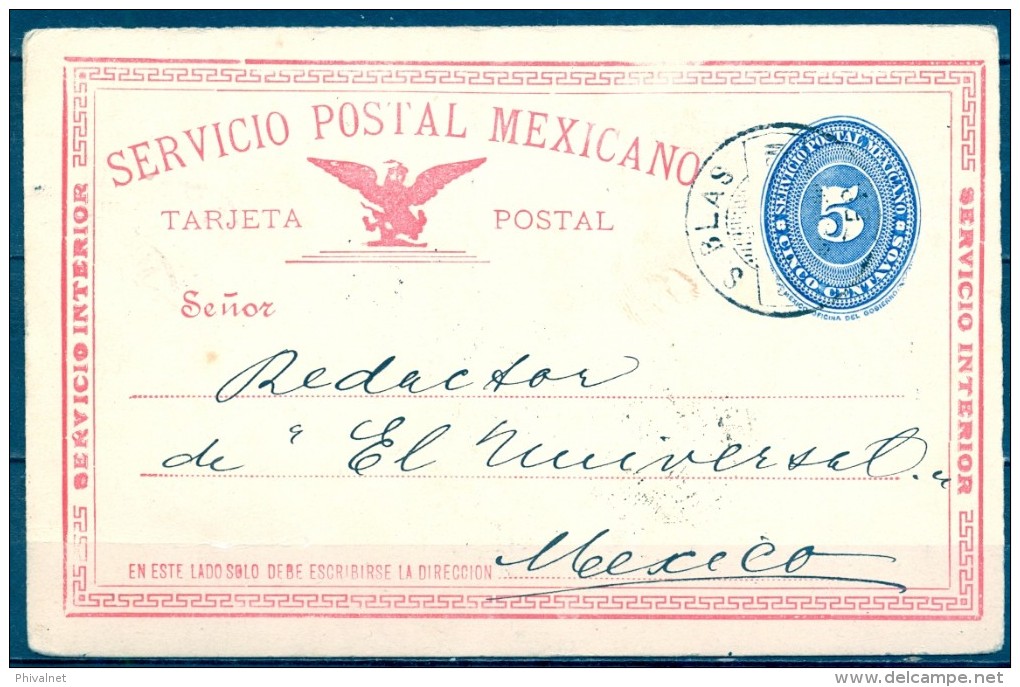 MEXICO , 1892 , SAN BLAS - MEXICO D.F. , ENTERO POSTAL CIRCULADO , TARJETA DE SERVICIO INTERIOR - Mexiko