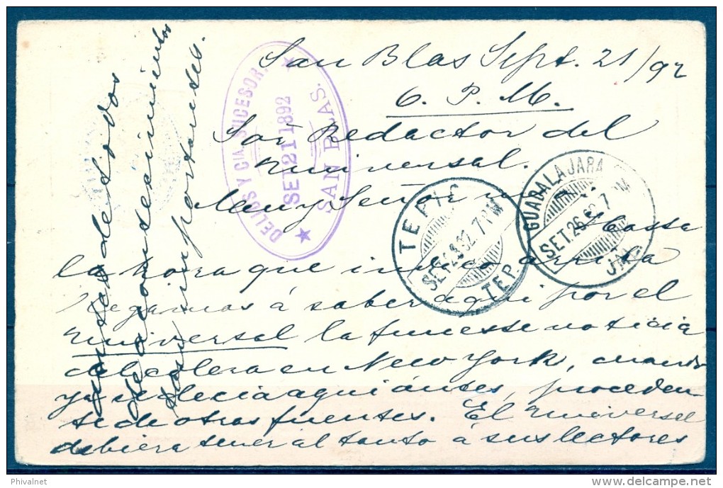 MEXICO , 1892 , SAN BLAS - MEXICO D.F. , ENTERO POSTAL CIRCULADO , TARJETA DE SERVICIO INTERIOR - Mexiko