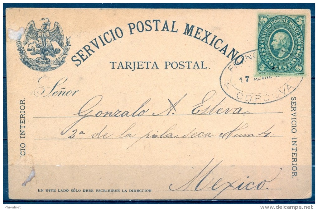 MEXICO , 1887 , CORDOBA - MEXICO D.F. , ENTERO POSTAL CIRCULADO , TARJETA DE SERVICIO INTERIOR, FRANCO EN " CORDOVA " - México