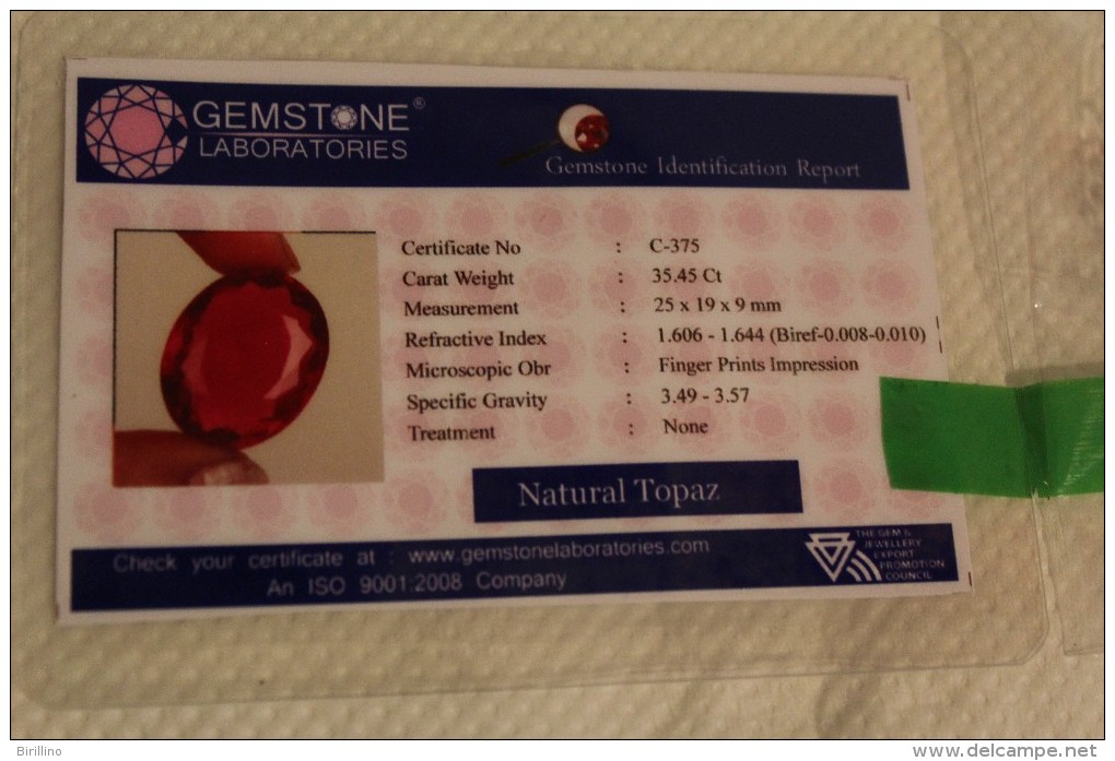 Topazio - Ct. 35.45 - Certificato Gemstone Laboratories - Topazio