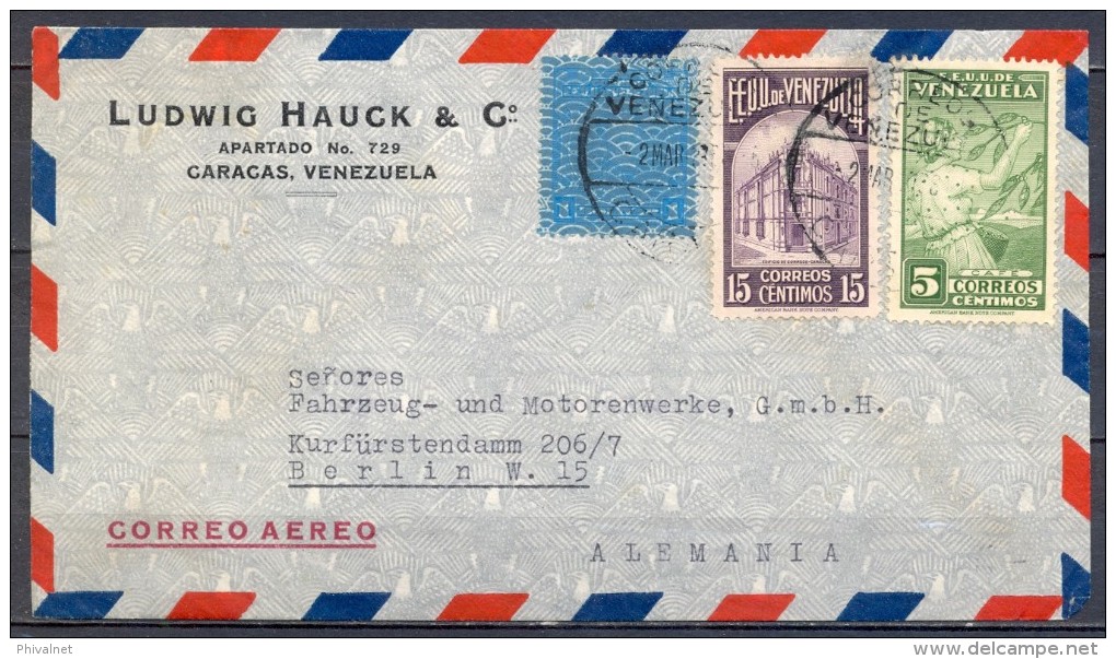 VENEZUELA 1938 , CARACAS - BERLIN , MARCA " POR AVION DE CARACAS HASTA ESTADOS UNIDOS" - Venezuela