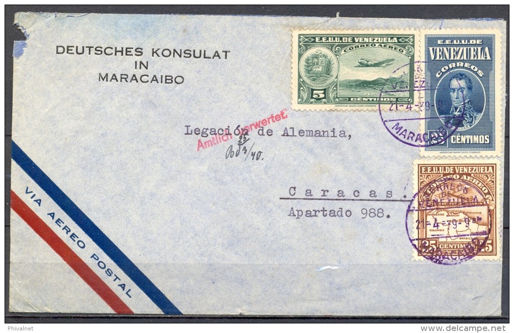 VENEZUELA 1939 , MARACAIBO - CARACAS , CORREO CONSULAR , LLEGADA - Venezuela