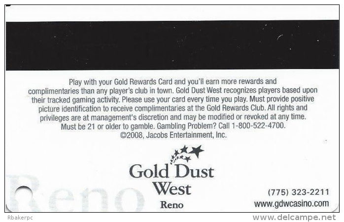 Gold Dust West Casino Reno, NV - BLANK Slot Card - Copyright 2008 - Casino Cards