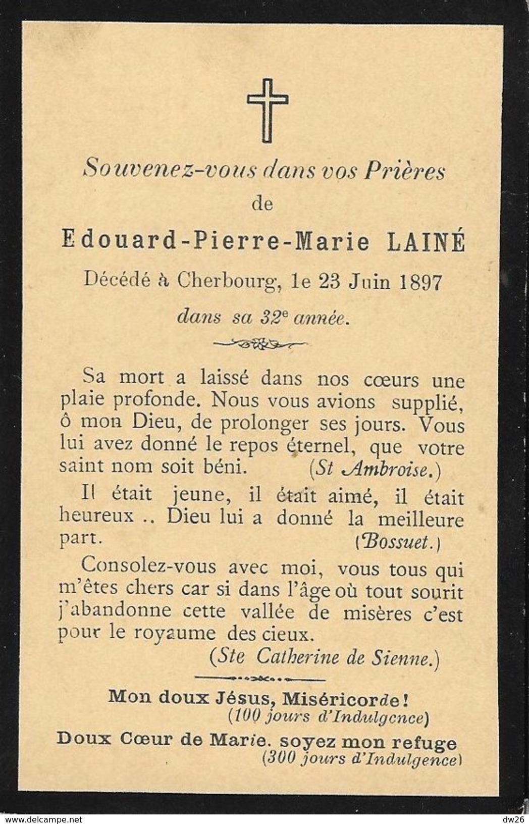 Faire-part De Décès Edouard-Pierre-Marie Lainé Décèdé à Cherbourg 1897 - Devotieprenten