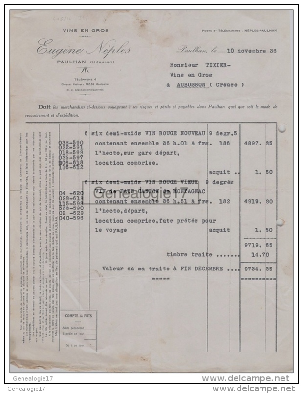 34 1089 PAULHAN HERAULT 1936 Vins EUGENE NEPLES Vente Canton De Montagnac à Vin TIXIER - 1900 – 1949