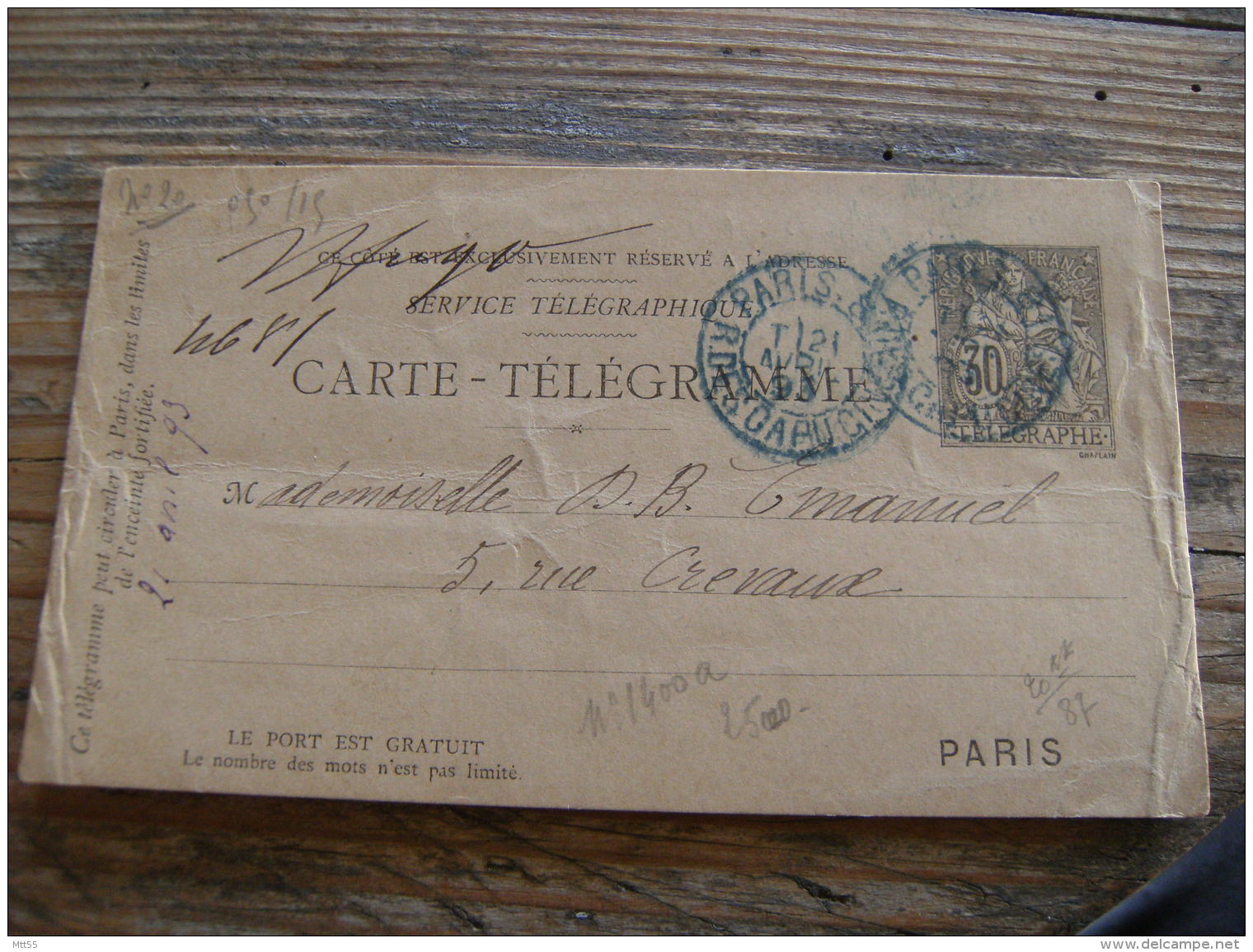 Couleur Bleue Paris Rue Des Capucines 1893 Carte Telegramme Chaplain 30 C - Rohrpost
