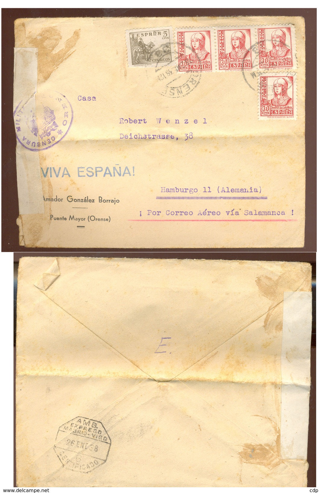 Lettre Espana   Avec Censure  1938 - Sin Clasificación