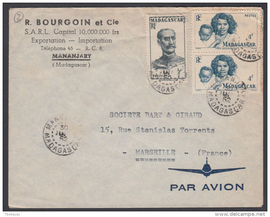 MAdagascar 1952, Airmail Cover "R.Bourgoin Et Cie" Mananjary To Marseille W./postmark Mananjary - Poste Aérienne