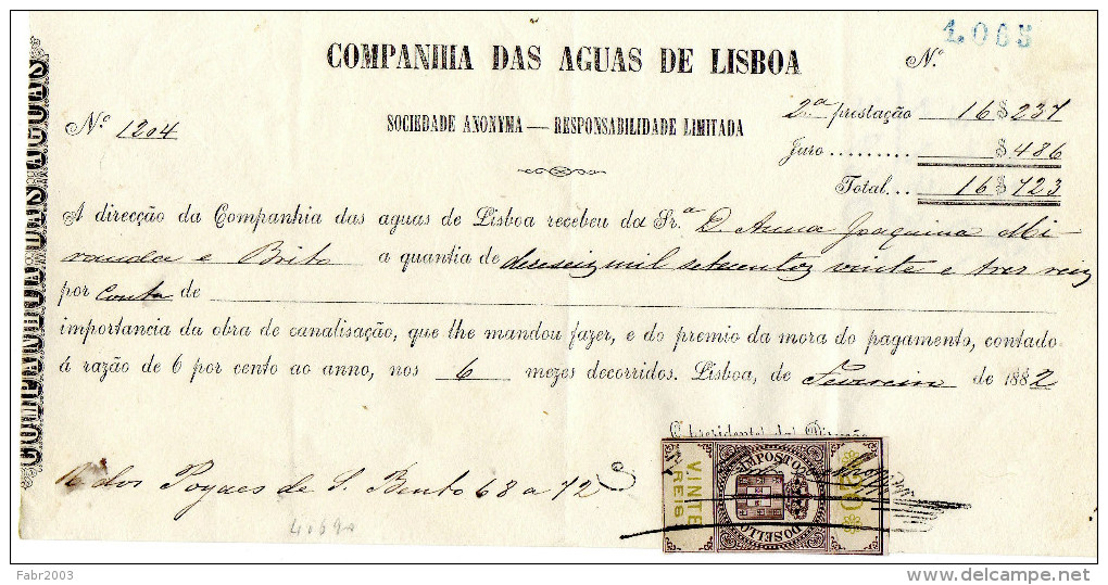 Compania Das Aguas De Lisboa. 20 Réis 1882 - Portugal