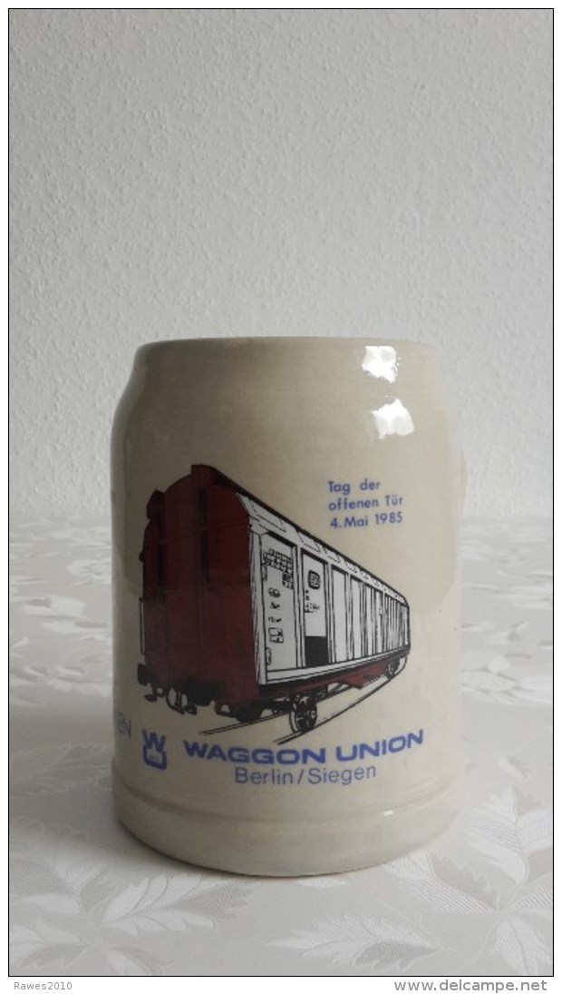 Bierkrug 1985 150 Jahre Deutsche Eisenbahn Güterwagen Waggon Union Berlin / Siegen (2 Abbildungen) - Ferrovie
