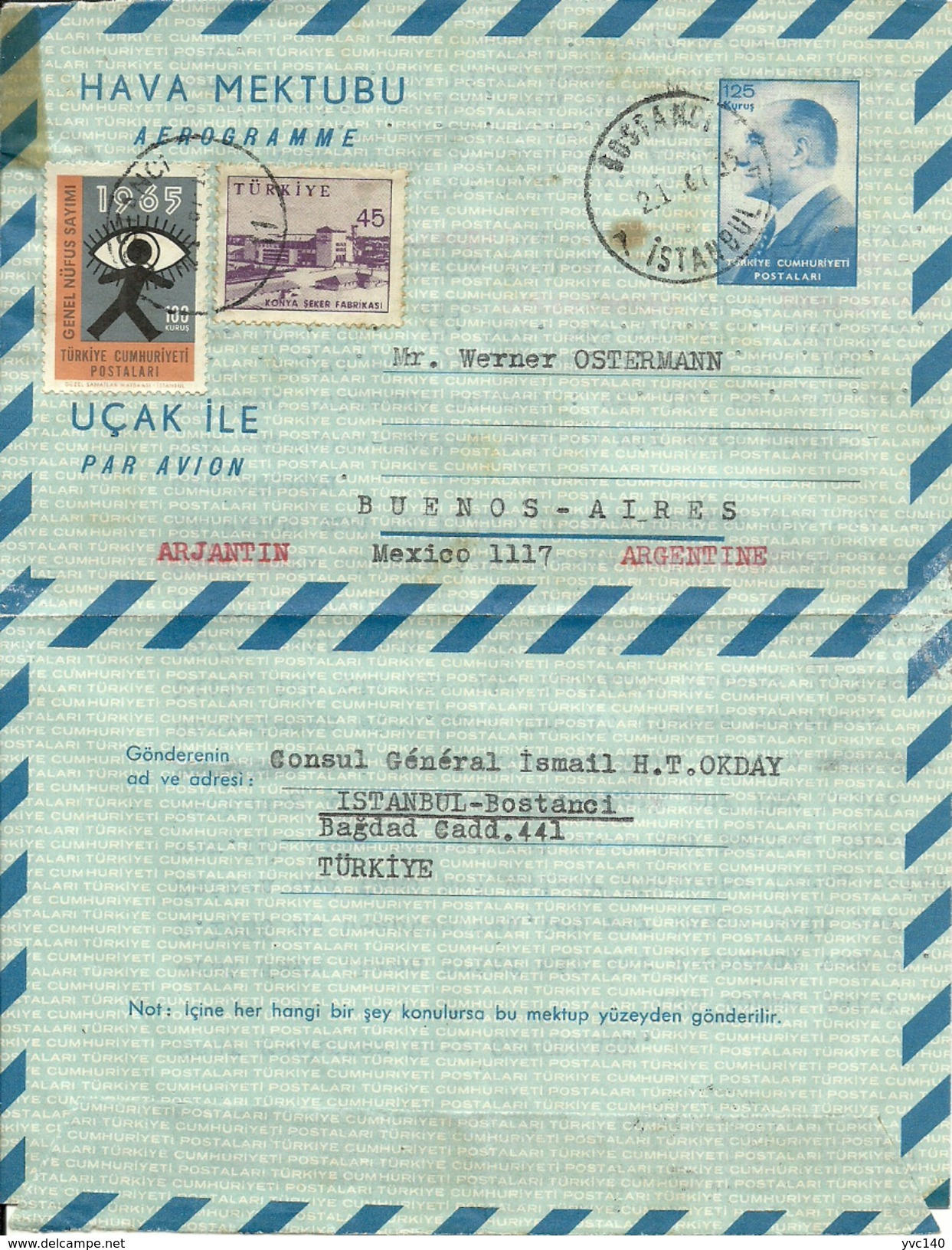 Turkey; 1963 Postal Stationery (Aerogram) Sent To Argentina - Interi Postali