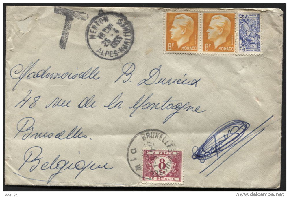 TAXE N°64 Obl. BRUXELLES S/lettre Affr. TP MONACO Non Valables à MENTON 1955. COB 12,5€. (Qqs Petits Défauts Voir Scan) - Briefe U. Dokumente