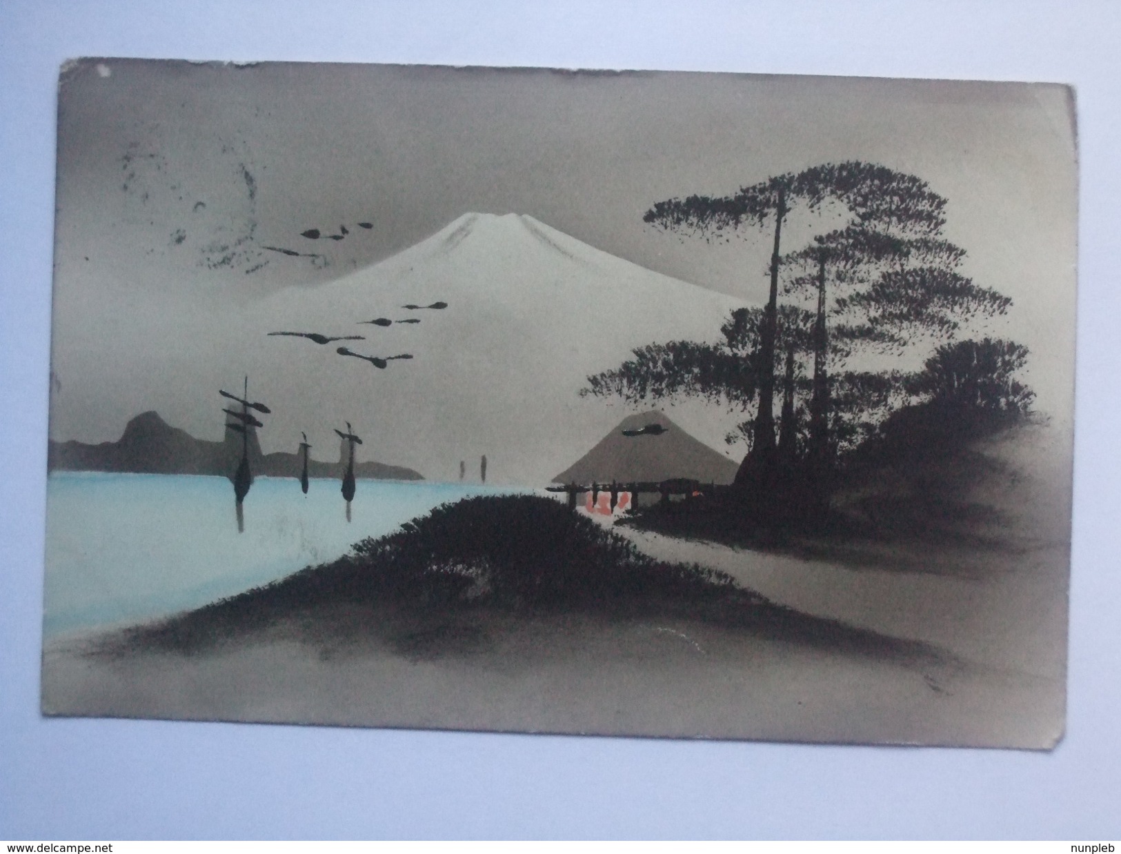 JAPAN Handpainted Vintage Card Traditional Boats With Mount Fuji In Background - Other & Unclassified