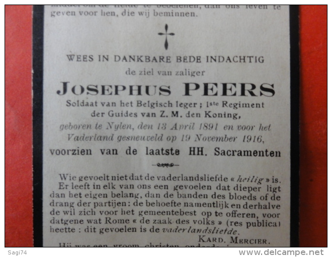 Doodsprentje WW1, WO1, Josephus Peers, Geboren Nijlen 1891, Gesneuveld 1916 - Images Religieuses