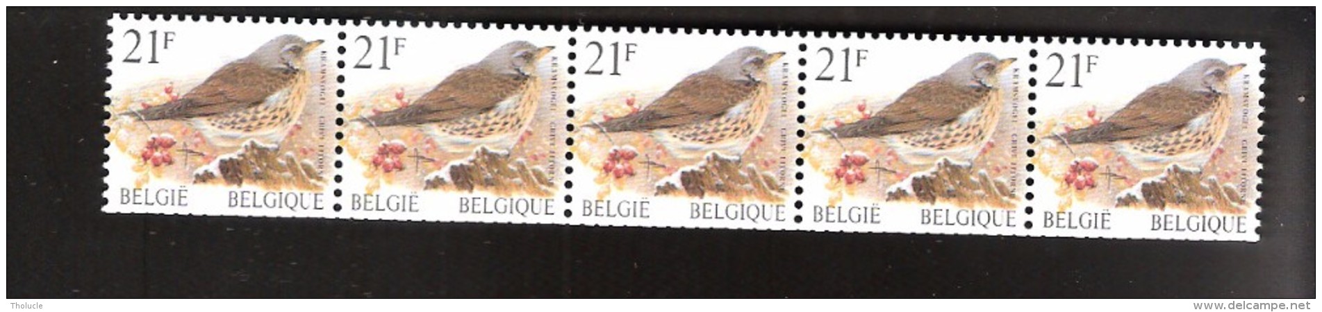 Buzin -Grive Litorne-Kramsvogel-COB-R89-1999***Rolzegel- Bande De Cinq Avec Numéro (5 Chiffres - Voir 2 Scans) - Rollen