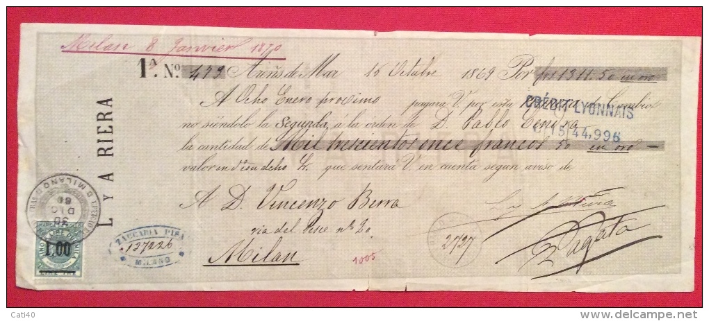 CAMBIALE PRIMA DI CAMBIO  DI 1311 FR In Oro  ARENS DE MAR 1869  CON AUTOGRAFI E MARCHE DA BOLLO - Bills Of Exchange