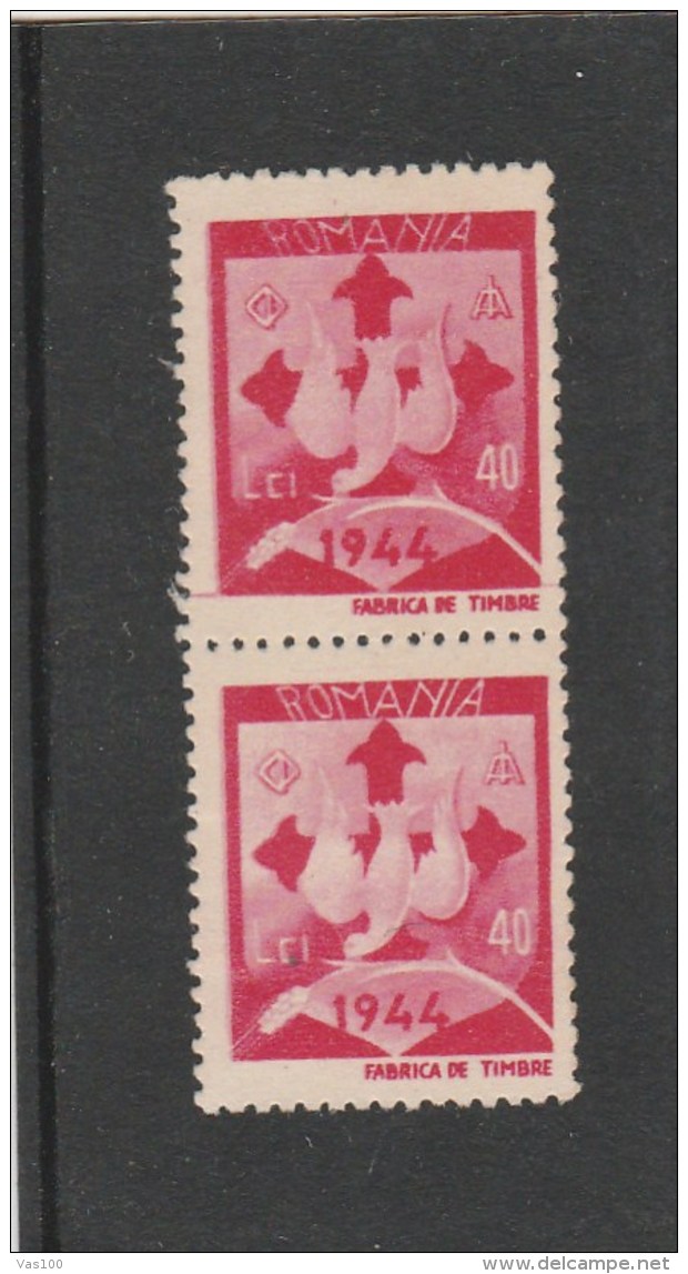 #195 REVENUE STAMP, DOVE, CROSS, 40 LEI,STAMP FACTORY, 1944, STAMP IN PAIR,  ROMANIA. - Fiscale Zegels