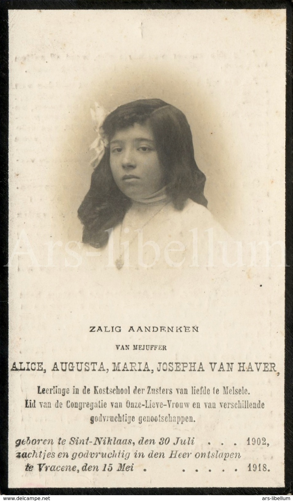 Doodsprentje / Avis De Décès / Alice Augusta Van Haver / Sint-Niklaas / 1918 / 2 Scans - Imágenes Religiosas