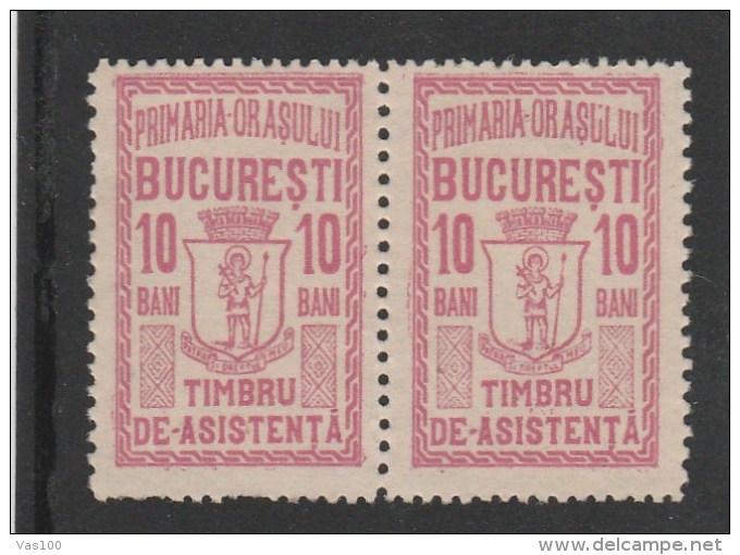 #196   REVENUE STAMP, BUCURESTI, 10 BANI, ASSISTANCE STAMP, STAMPS IN PAIR, ROMANIA. - Fiscale Zegels