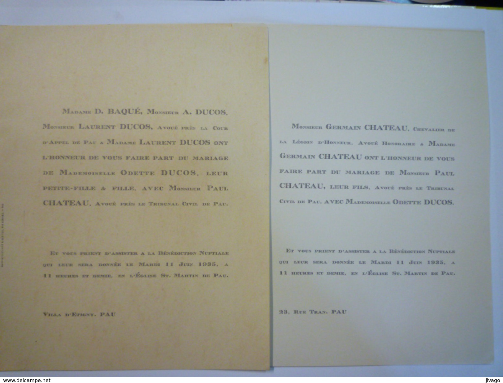 FAIRE-PART De MARIAGE  :  Odette   DUCOS  Et  Paul  CHATEAU  11 Juin  1935  (PAU)    (2 Documents) - Mariage