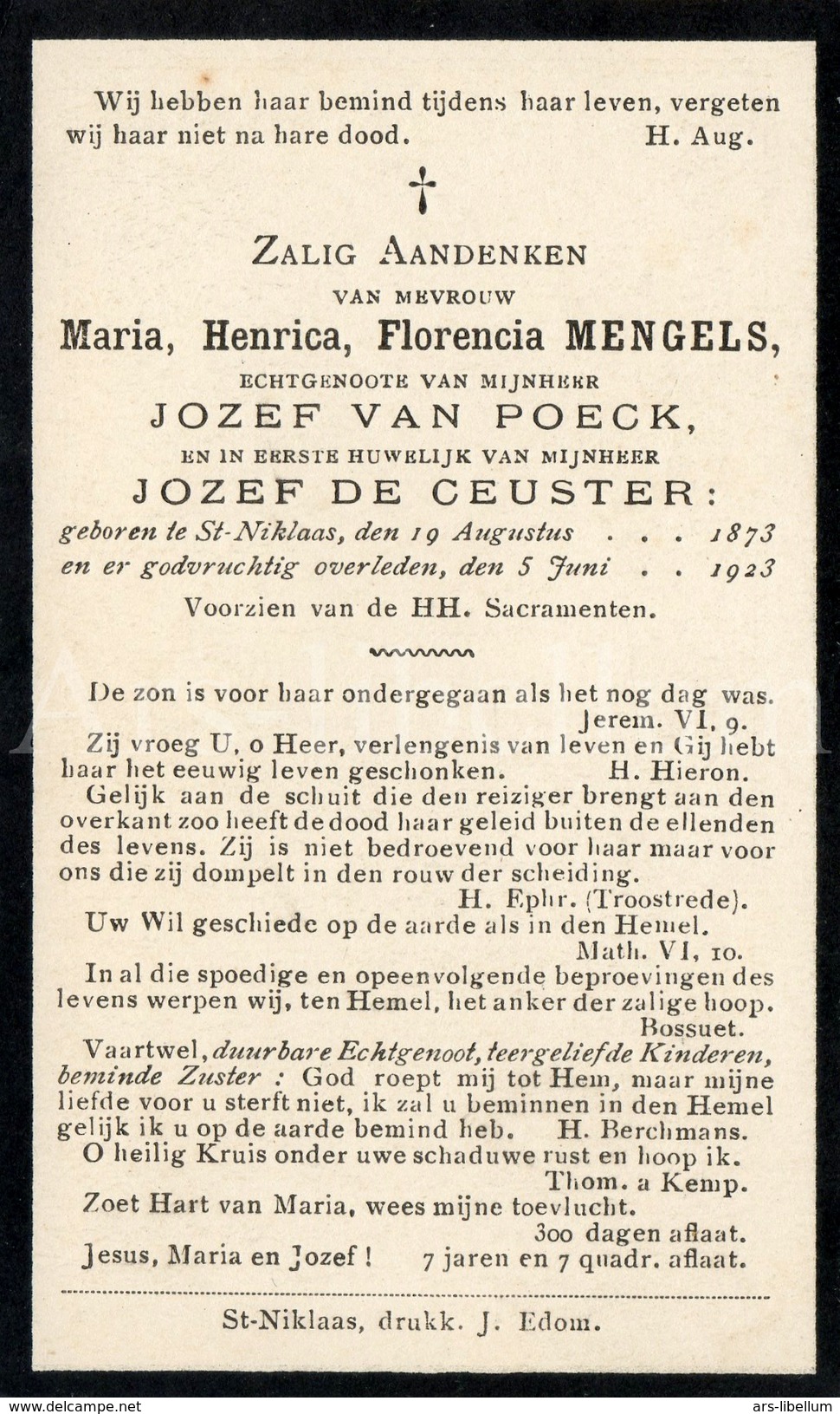 Doodsprentje / Avis De Décès / Maria Henrica Florencia Mengels / Sint-Niklaas / 1923 / 2 Scans - Devotieprenten