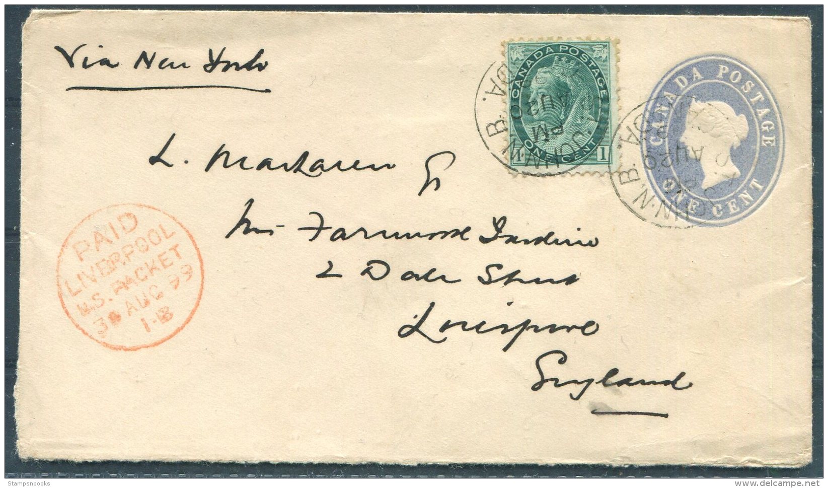 1899 Canada QV 1 Cent Stationery Cover Uprated St John N.B. - Dale Street, Liverpool 'Packet Paid' - 1860-1899 Reign Of Victoria