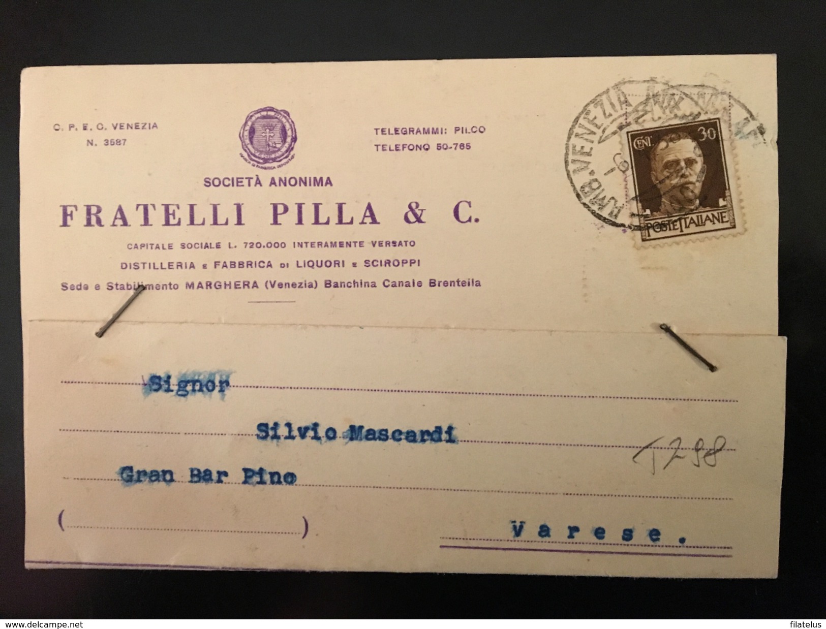 CARTOLINA POSTALE PUBBLICITARIA-MARGHERA-SOCIETA'FRATELLI PILLA-DISTILLERIA  E FABBRICA DI LIQUORI- E SCIROPPI- - Marcophilie