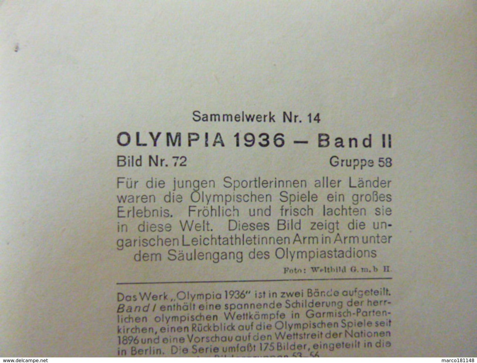 OLYMPIA 1936 - Band II - Bild Nr 72 Gruppe 58 - Sportives Hongroises Bras à Bras - Sport