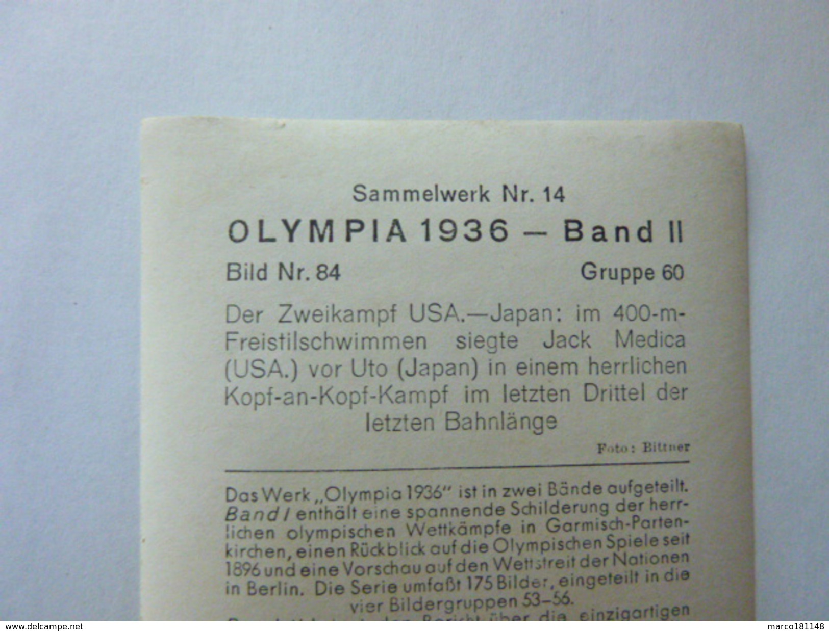 OLYMPIA 1936 - Band II - Bild Nr 84 Gruppe 60 - Duel Japon-USA Vainqueur Jack Medica (USA) Devant Uto (Japon) - Sport