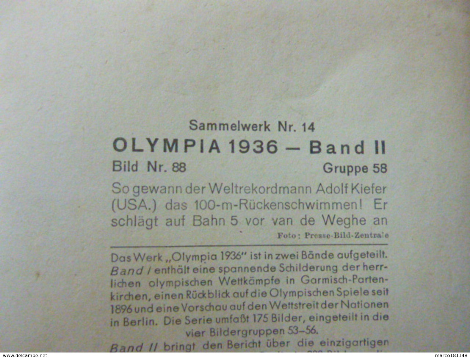 OLYMPIA 1936 - Band II - Bild Nr 88 Gruppe 58 - 100 M Dos Adolf Kiefer (USA) Vainqueur - Sport