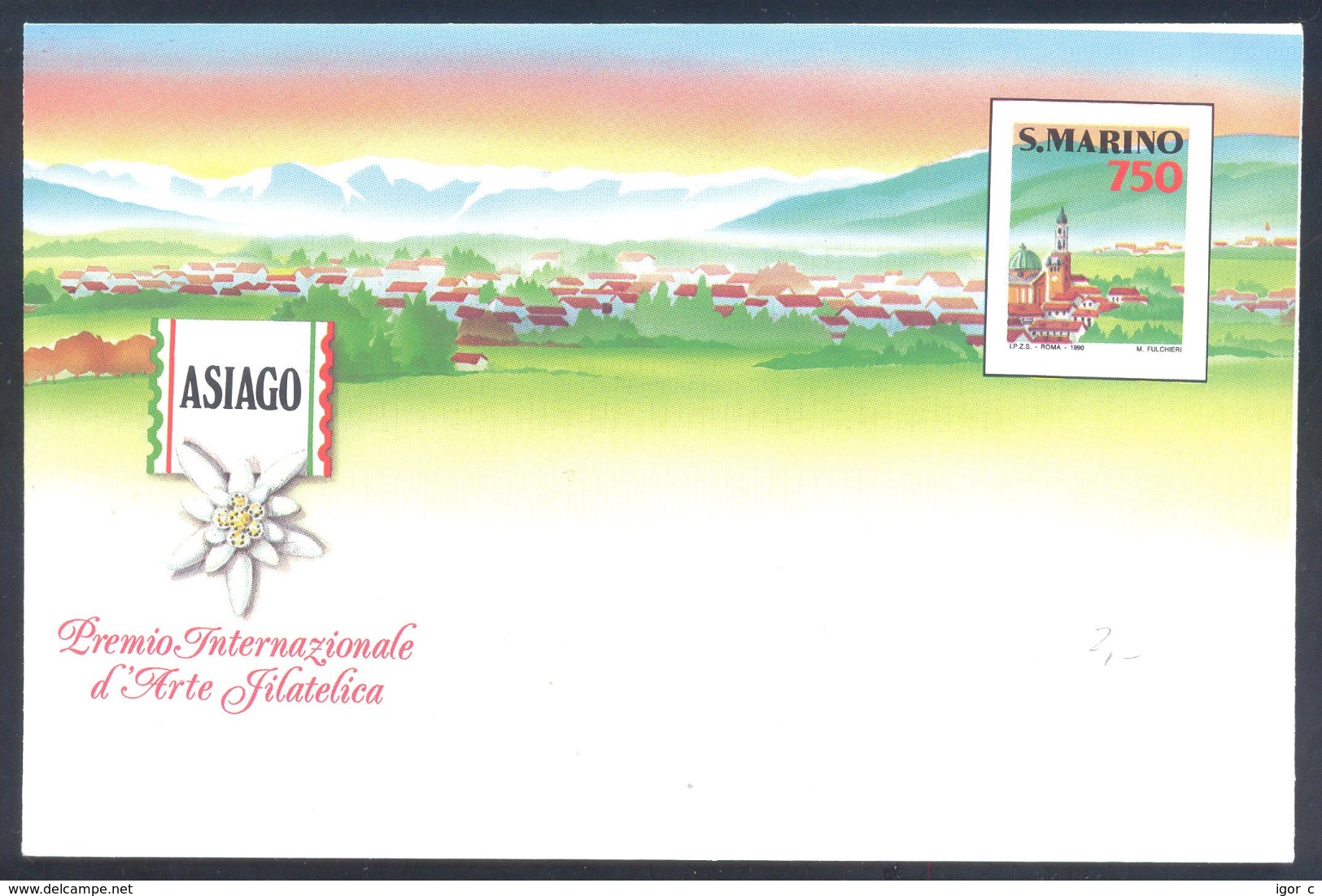 San Marino 1990 Postal Stationary Cover; Flora Flowers Fleur Blume Flor: Edelweiss; Assiago - Sonstige & Ohne Zuordnung