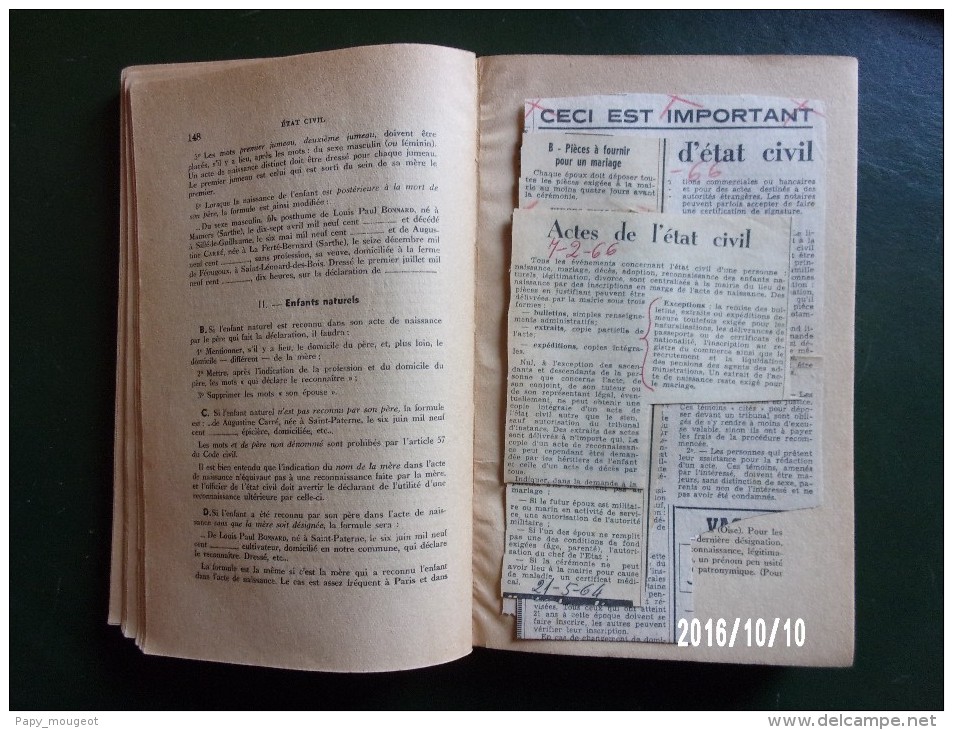 Manuel Des Officiers De L'Etat Civil - 1954 - Avec De Nombreux Ajouts - Droit