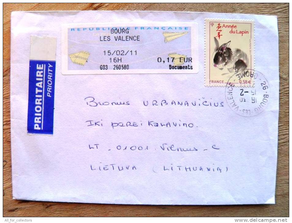 Cover Sent From France To Lithuania,  ATM Stamp Label , Year Of Rabbit, Annee Du Lapin Chinese Calendar Astrology Zodiac - Cartas & Documentos