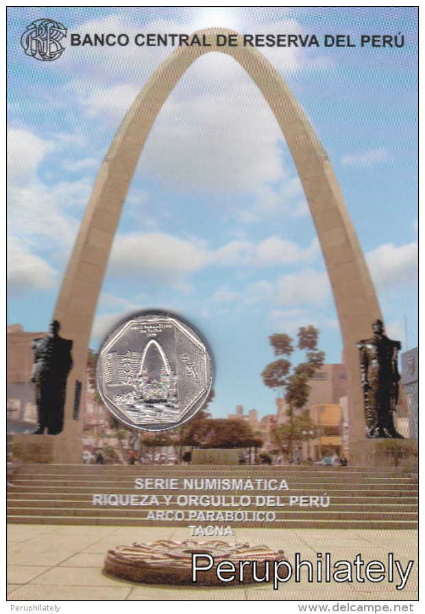 PERU 2016 , ARCO PARABOLICO TACNA , 1 SOL , COIN ON CARD , MINT - Perú