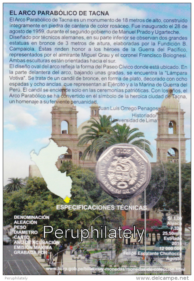 PERU 2016 , ARCO PARABOLICO TACNA , 1 SOL , COIN ON CARD , MINT - Perú