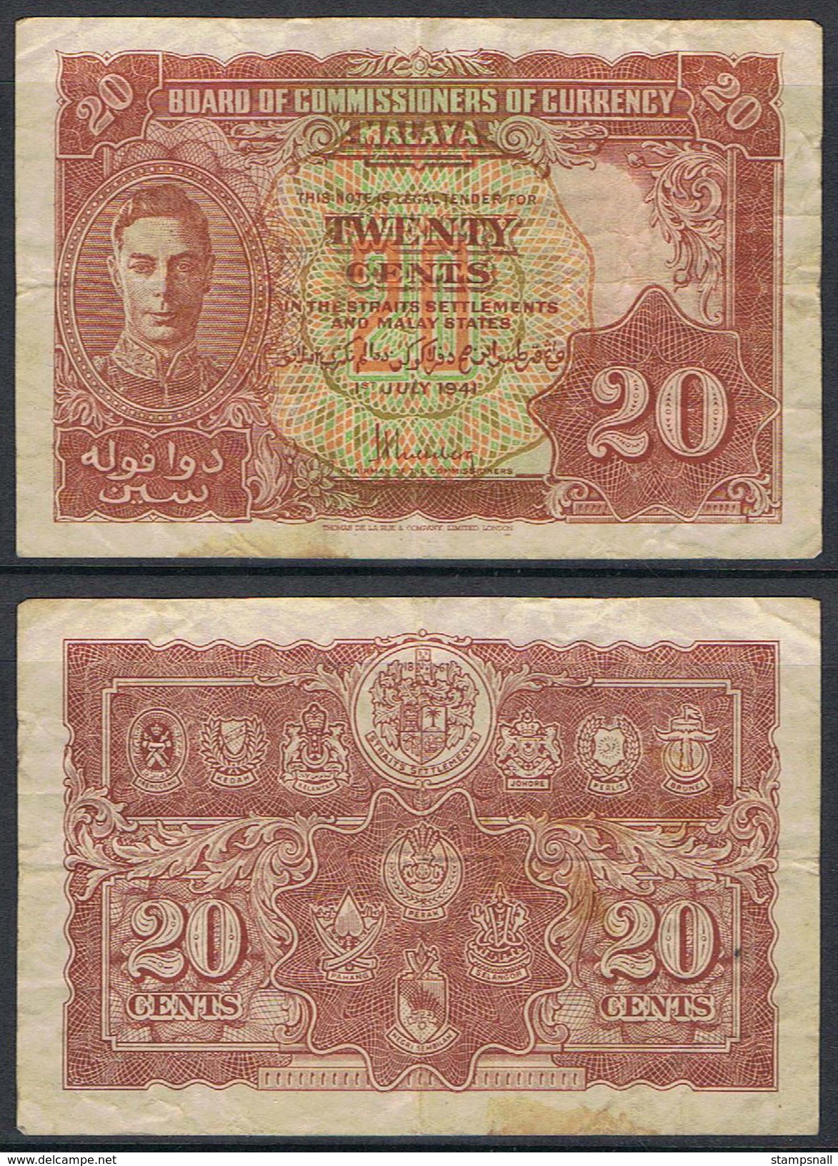 Banknote MALAYA 20 Cents 1941 Fair S/N None MYS#007 - Malaysia