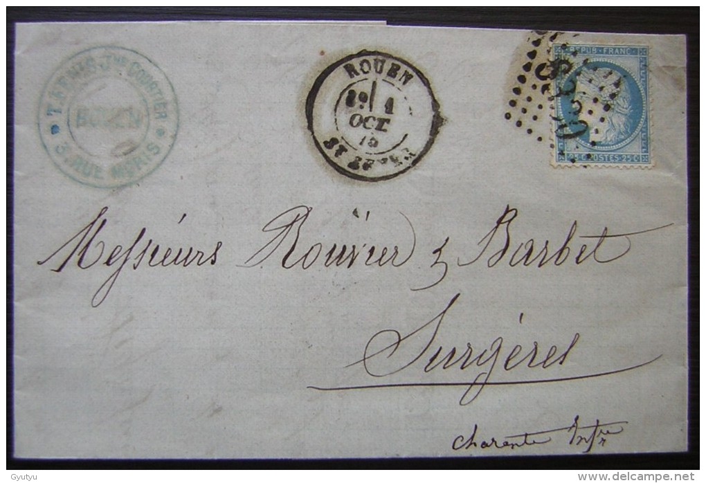 Rouen 1875 Lettre De Fenis , Courtier Pour Surgères - 1849-1876: Periodo Classico