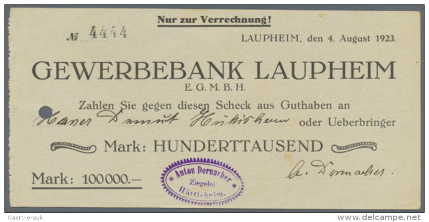 Laupheim, Gewerbebank, 100 Tsd. Mark, 4.8. (23), 9.8.1923 (28); 500 Tsd. Mark, 9.8. (18), 17.8.1923 (16); 1 Mio.... - [11] Emissions Locales