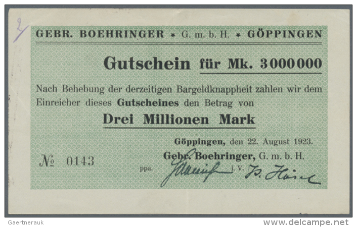 Göppingen, Gebr. Boehringer GmbH, 3 Mio. Mark, 22.8.1923, Erh. II-, Ausgabestelle Bei Keller Und Karau Nicht... - [11] Local Banknote Issues