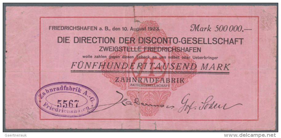 Friedrichshafen, Zahnradfabrik AG, 500 Tsd. Mark, 10.8.1923, Gedr. Scheck Auf Disconto-Gesellschaft, Erh. V (Schein... - [11] Local Banknote Issues