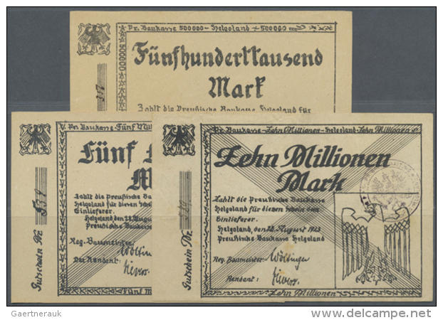 Helgoland, Preußische Baukasse, 500 Tsd. Mark, 20.8.1923; 5, 10 Mio. Mark, 28.8.1923; Erh. II-III, Total 3... - [11] Local Banknote Issues