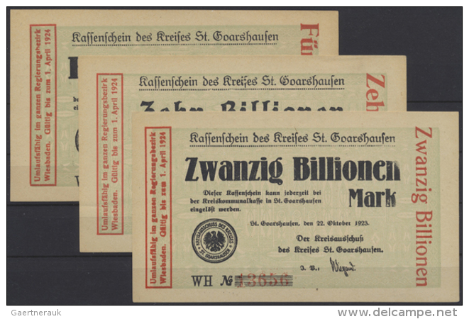 St. Goarshausen, Kreis, 5, 10, 20 Billionen Mark, 22.10.1923, Serie WH, Unterdruck Geometrische Figuren, Erh. I, 3... - [11] Emissions Locales