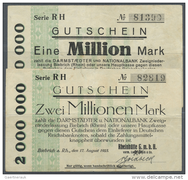 Biebrich, Rheinhütte GmbH Vorm. Ludw. Beck &amp; Co., 1, 2 Mio. Mark, 17.8.1923, Erh. III, Total 2 Scheine (D) - [11] Local Banknote Issues