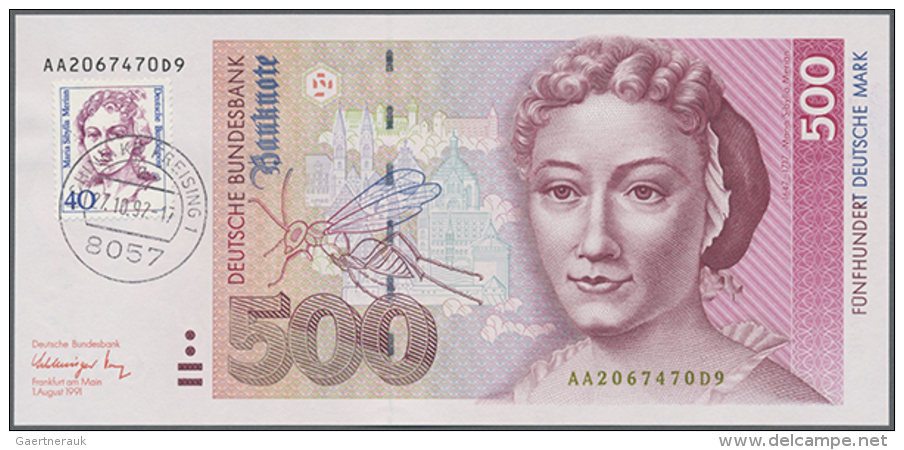 Bundesrepublik: 500 DM 1991, Ro.301a In Kassenfrischer Erhaltung Mit Aufgeklebter 40 Pfennig Briefmarke Maria... - Andere & Zonder Classificatie