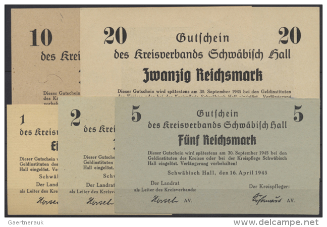Schwäbisch Hall, Kreisverband, 1, 2, 5, 10, 20 Reichsmark, 16.4.1945, Erh. I, 5 Scheine (D) - Autres & Non Classés