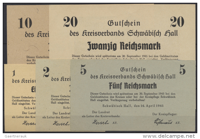 Schwäbisch Hall, Kreisverband, 1, 2, 5, 10, 20 Reichsmark, 16.4.1945, Erh. I, 5 Scheine (D) - Andere & Zonder Classificatie