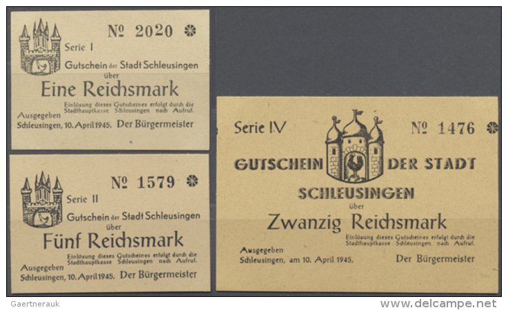 Schleusingen, Stadt, 1, 5, 20 Reichsmark, 10.4.1945, Erh. I, 3 Scheine (D) - Autres & Non Classés